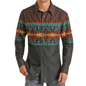 NEW PANHANDLE rock & roll long sleeve 2 pocket border woven snap shirt in black